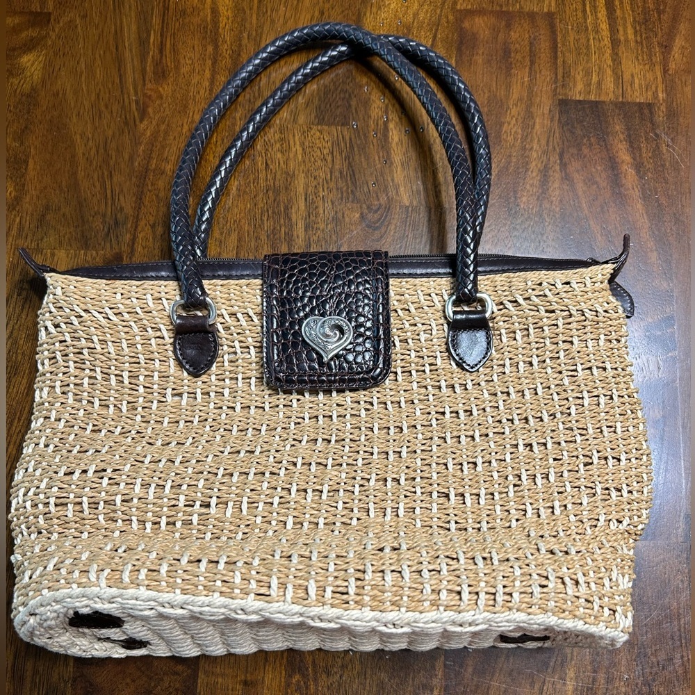 Brighton Straw Handbag Purse With Leather Handles
